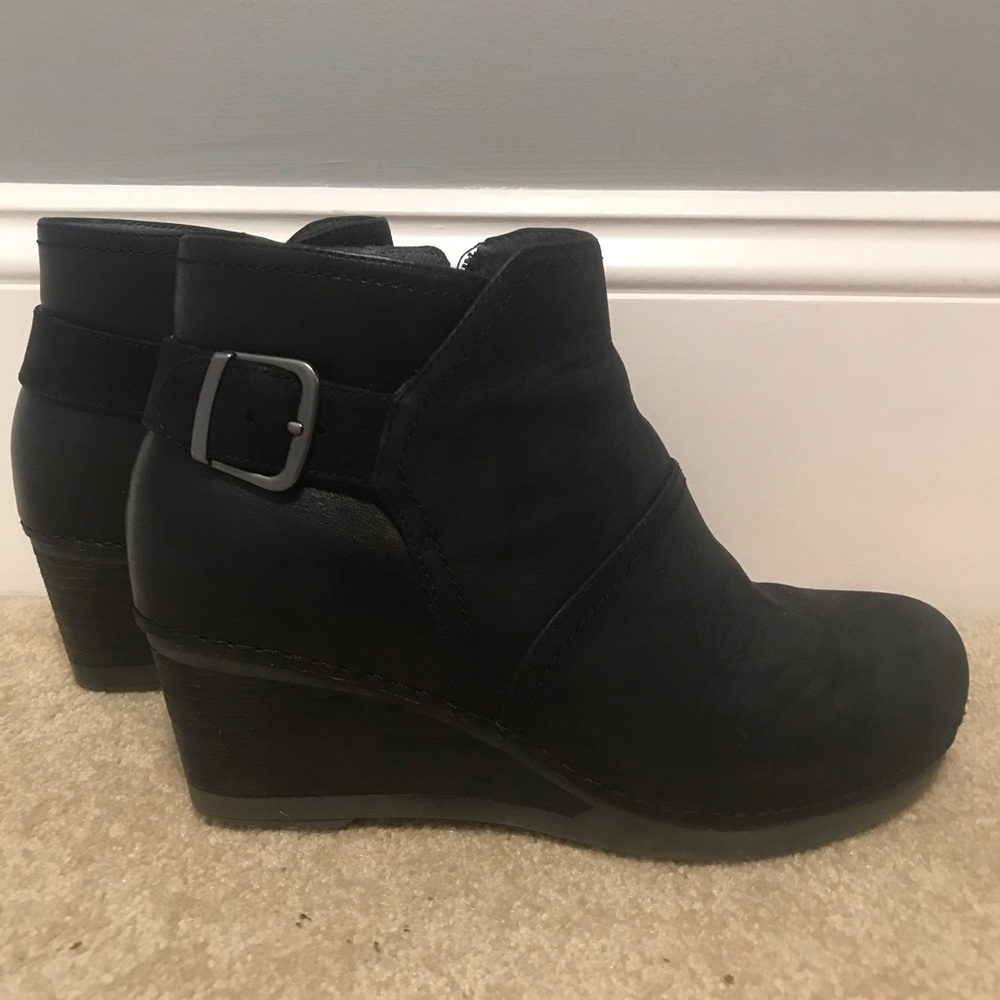 Dansko Black Suede Ankle Wedge Booties